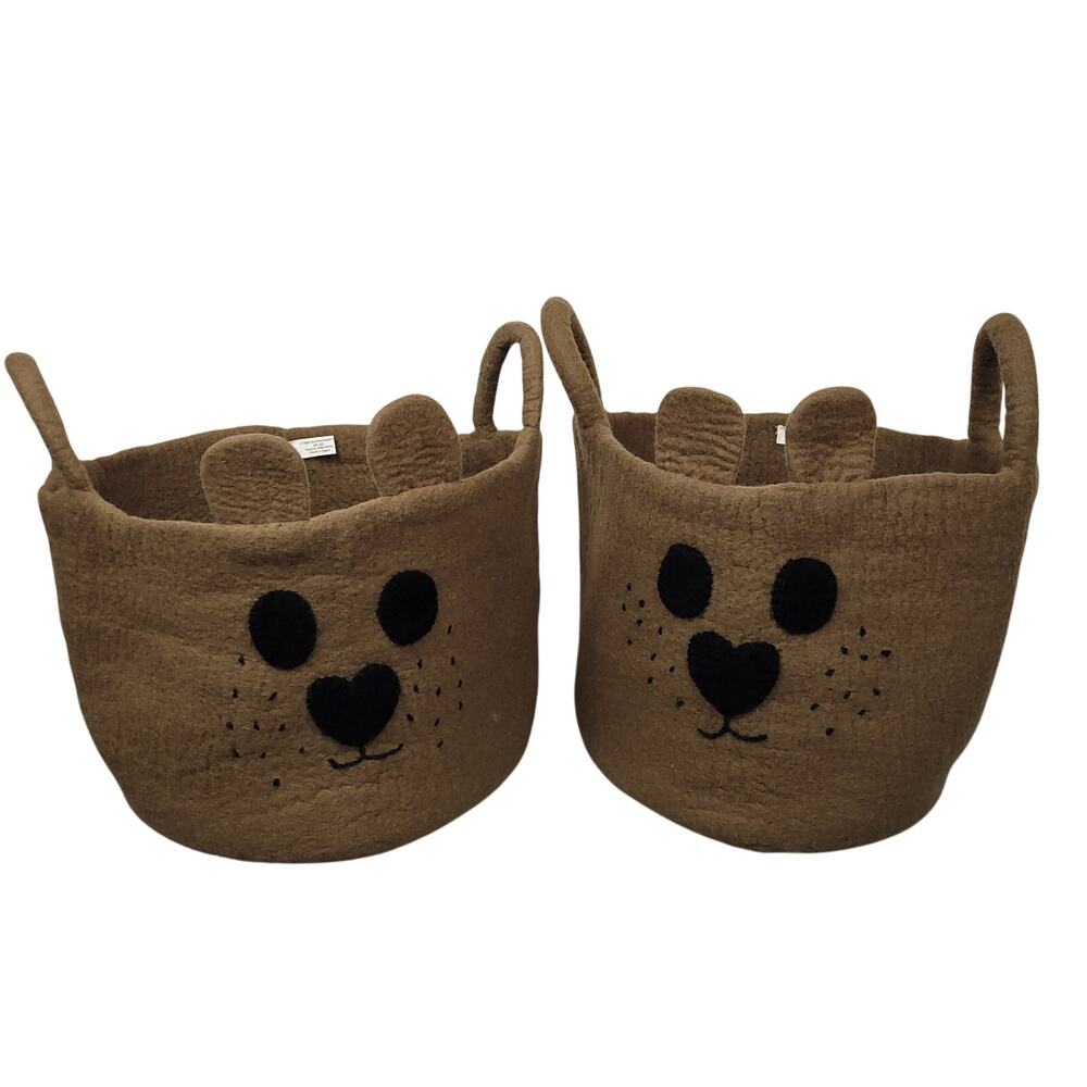 Place & Time Bear Storage Basket Set 100% Wool Nursery Toys Made In Nepal Brown